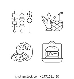 Takeaway and delivery option linear icons set. Shish kebabs and meat pops. Coconut cocktail. Burrito. Customizable thin line contour symbols. Isolated vector outline illustrations. Editable stroke