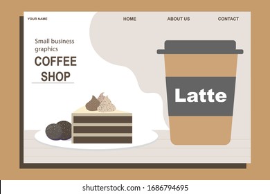 Takeaway drink banner or landing vector template for coffee shop. Latte in a paper cup and cake