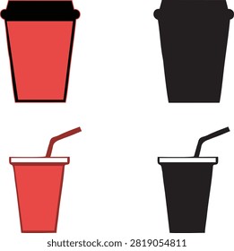 Takeaway drink cup icons with and without straw in multiple styles, takeaway