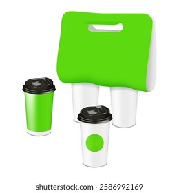 Takeaway drink eco set. 3d vector mock-up. Takeout coffee cup carrier with die cut handle, disposable paper mugs, blank and with label stickers. Realistic mockup. Template for design. Easy editable