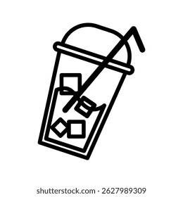 Takeaway Drink Outline style, cup with straw and ice cubes, great for modern drink icons in festive or summer party assets.