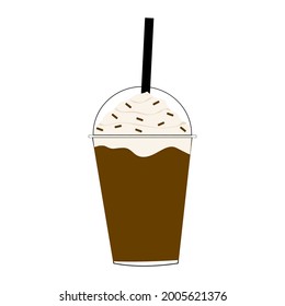Takeaway drink with straw. Vector coffee beverage decorated with cream and topping isolated on white background.