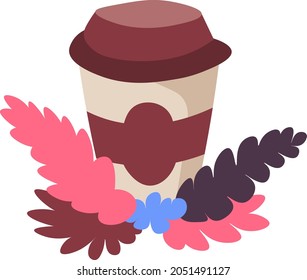 Takeaway drinks and beverages, isolated plastic cup with lid and label. Ads of shop, cafe or restaurant with decorative flora and foliage. Aromatic flavor of americano or tea. Vector in flat style