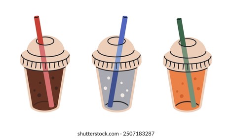 Bebidas para llevar vasos de plástico. Refrescos fríos, agua con gas y tazas de café caliente, jugo de limón fresco o juego de Ilustración vectorial plana de bebida de limonada. Contenedores de entrega de bebidas