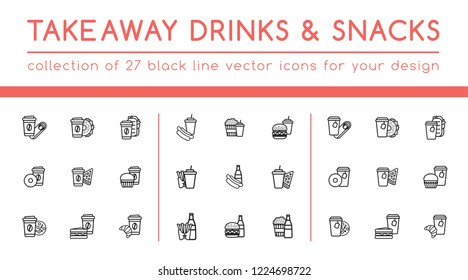 Takeaway drinks and snacks set. Collection special for fast food cafe and restaurants to help to show their special offers. 27 high quality outline double icons for your design project. 