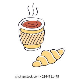 Takeaway espresso or Americano coffee or hot tea drink disposable paper cup and croissant isolated vector illustration