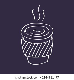 Toma de café o té americano o café caliente bebida de papel desechable taza en un tablero negro de fondo línea de doodle dibujado a mano boceto de tiza icono vector