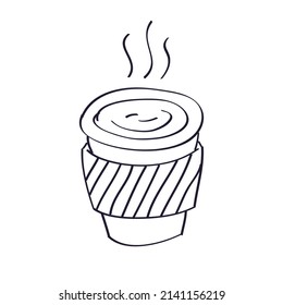 Takeaway espresso coffee or hot tea drink disposable paper cup isolated hand drawn doodle line sketch vector icon