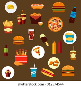 Takeaway and fast food flat icons with french fries, hamburger, pizza, hot dog, ice cream lolly, condiments, and beverages