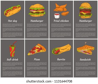Takeaway fast food posters set. Ice cream and hot dog, donut and pizza slice with cheese. French fries in package, sandwich roasted bread vector illustration
