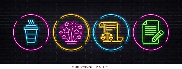 Takeaway, Fireworks stars and Legal documents minimal line icons. Neon laser 3d lights. Article icons. For web, application, printing. Takeout coffee, Pyrotechnic salute, Justice scale. Vector