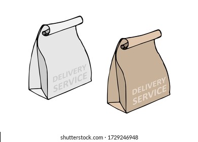 Takeaway food bag vector. Food package with inscription Delivery service. Line sketch style. Hand drawn illustration on white background. Paper packet. Doodle style. Sale. Two packages for groceries.