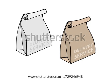 Takeaway food bag vector. Food package with inscription Delivery service. Line sketch style. Hand drawn illustration on white background. Paper packet. Doodle style. Sale. Two packages for groceries.