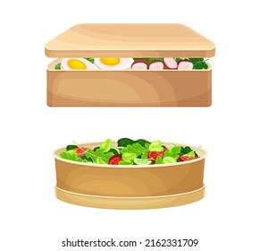 Takeaway food boxes set. Eco brown paper containers with healthy dishes vector illustration