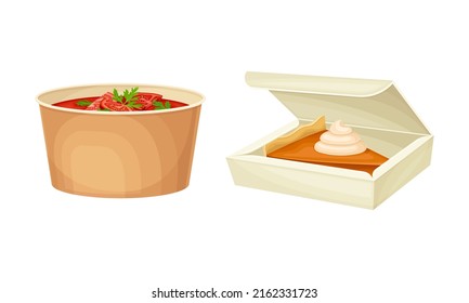 Takeaway food boxes set. Paper containers with soup and pumpkin pie vector illustration