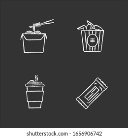 Takeaway Food Chalk White Icons Set On Black Background. Bucket Of Chicken Wings, Chinese Noodles, Coffee To Go And Snack Bar. Take Away Meal Menu. Isolated Vector Chalkboard Illustrations