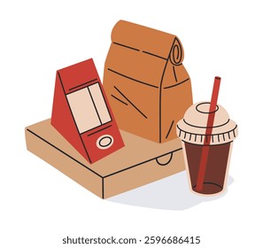 Takeaway food containers. Fast food disposable delivery containers, carton pizza box, paper bag and plastic coffee cup flat vector illustration. Cartoon food delivery packaging