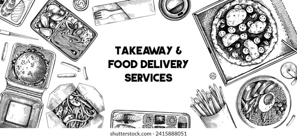 Takeaway and food delivery banner. Hand drawn vector illustration. Vintage style. Takeout food in paper box, fast food menu design. Pizza, burger, coffee, noodles, poke, sushi sketch