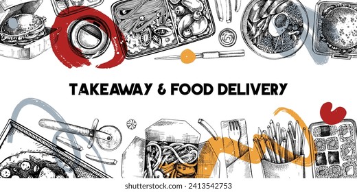 Takeaway and food delivery banner. Hand-drawn vector illustration. Collage style background. Takeout food paper box, fast food menu design. Pizza, burger, coffee, noodles, poke, sushi sketch