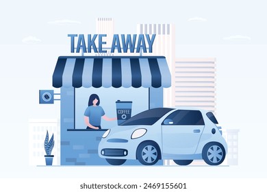 Comida y bebida para llevar, Anuncio. Coche moderno cerca de la cafetería. Tecnologías de comida rápida. Local, Pequeño negocio. Vista Urbana en el fondo. Ilustración vectorial plana