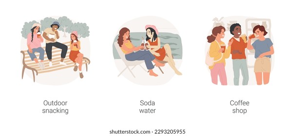 Takeaway food and drinks isolated cartoon vector illustration set. Group of teens and eating snack, drinking soda at poolside, lemonade, group of teenagers sitting at coffee shop vector cartoon.