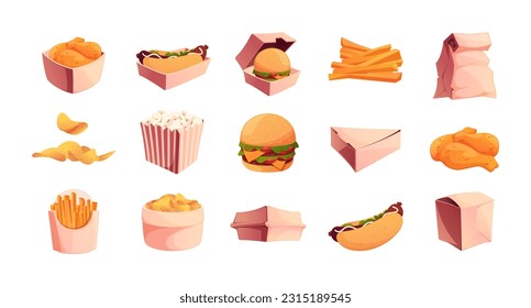 Takeaway food. Fast food packing, disposable containers with organic lunch, sustainable carton packaging for eco-friendly meal delivery. Vector illustration. Hot dog, burger and popcorn