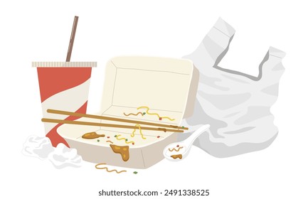 Ilustración de comida para llevar. Desperdicios de una comida. Caja de comida sucia, bolsa de plástico, taza de plástico o papel, cubiertos de plástico y papel tisú. Ilustración vectorial plana.