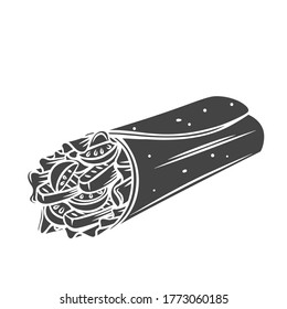 Takeaway food glyph icon. Tortilla wraps with grilled chicken fillet and fresh vegetables . Street lunch. Vector illustration.