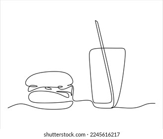 Takeaway food with hamburgers, soda in continuous line drawing style. Fast food minimalist black linear sketch isolated on white background. Vector illustration