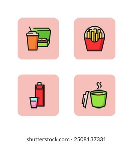 Takeaway food icon set. Coffee cup and sandwich, French fries, juice carton, cup with hot drink. Fast food concept. Vector illustration can be used for topics like service, unhealthy eating