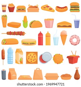 Takeaway food icons set. Cartoon set of takeaway food vector icons for web design