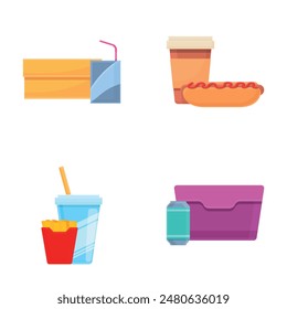 Takeaway food icons set cartoon vector. Lunch box with takeaway ready food. Meal concept