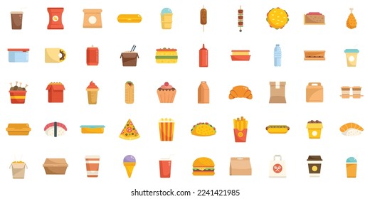 Takeaway food icons set flat vector. Coffee box. Cafe food isolated