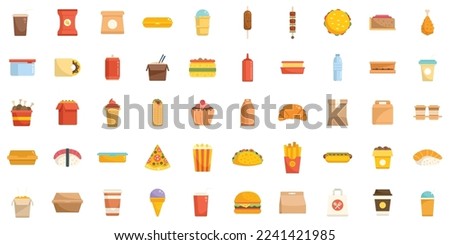 Takeaway food icons set flat vector. Coffee box. Cafe food isolated