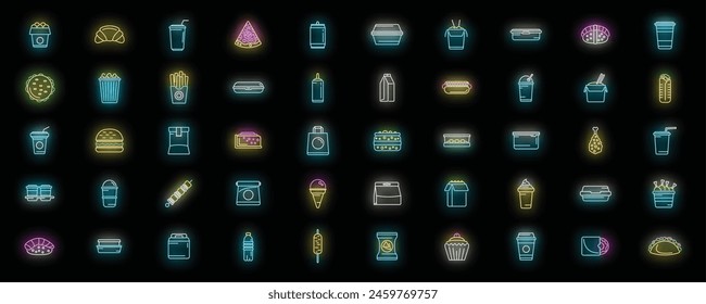 Takeaway food icons set outline vector. Coffee box. Cafe food neon color on black