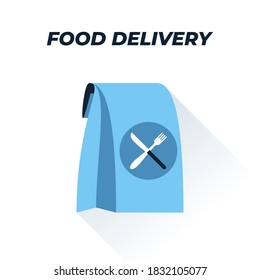Takeaway food package flat illustration. Vector illustration of a paper bag with knife and fork symbol. Represents a concept of food delivery, takeaway food, takeout paper box, home food ordering