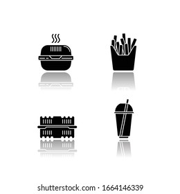 Takeaway food packages drop shadow black glyph icons set. Burger cardboard box, empty plastic container, disposable cup with straw, french fries pack. Isolated vector illustrations on white space