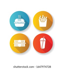 Takeaway food packages flat design long shadow glyph icons set. Burger cardboard box, empty plastic container, disposable cup with straw, french fries pack. Silhouette RGB color illustrations