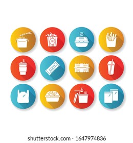 Takeaway food packages flat design long shadow glyph icons set. Take out meal containers, boxes for delivery. Noodles, bucket of chicken wings, french fries. Silhouette RGB color illustrations