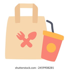 Takeaway food packages in flat design. Paper lunch bag and drink cup. Vector illustration isolated.