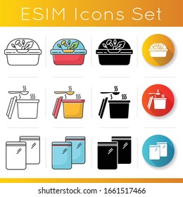 Takeaway food packages icons set. Lunchbox with salad, hot soup plastic container, reusable zip bag. Disposable packs, box for meal. Linear, black and RGB color styles. Isolated vector illustrations