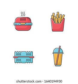 Takeaway food packages RGB color icons set. Burger cardboard box, empty plastic container, disposable cup with straw, french fries pack. Isolated vector illustrations