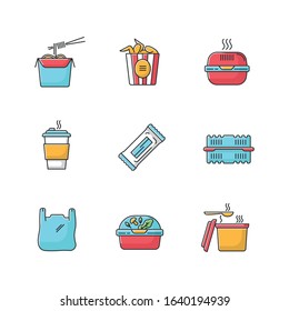 Takeaway food packages RGB color icons set. Noodles, bucket of wings. Burger box, coffee to go, bar, plastic container. Bag with handles, snack. Takeout fastfood. Isolated vector illustrations