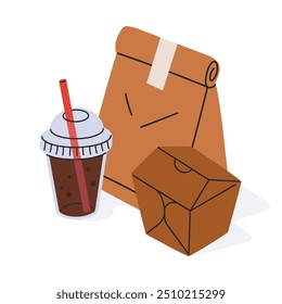 Embalagens de comida para viagem. Recipientes descartáveis Fast food, saco de papel de entrega de alimentos, caixa e copo de plástico ilustração vetor plana. Cartoon caixas de alimentos