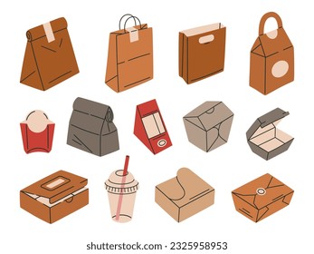 Takeaway food packaging. Paper or cardboard food delivery containers, carton bags and boxes flat vector illustration set. Empty paper fast food wrappers