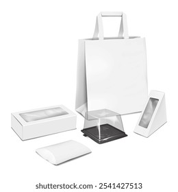 Conjunto de embalaje de alimentos para llevar. Maqueta realista de Vector en 3D. Bolsa de papel, caja de sándwich, caja de pastel de plástico, caja de almohada de cartón, paquete de caja de ventana rectangular. Maqueta. Fácil de editar. Plantilla para el diseño