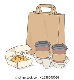 Take-away food. Paper bag, coffee in a disposable Cup and a sandwich on a white background. Fast food delivery.