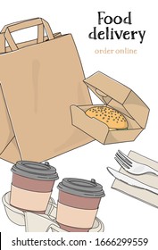 Take-away food. Paper bag, coffee in a disposable Cup and a sandwich on a white background. Fast food delivery. For advertising, website, menus, and flyers.