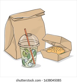Take-away food. A paper bag, lemonade in a disposable glass, and a sandwich on a white background. Fast food delivery.