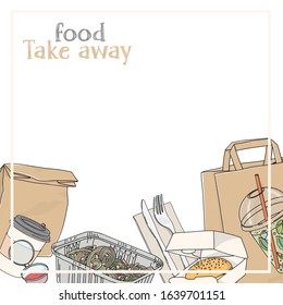 Take-away food. Paper bags, drinks, hot food and sandwiches in disposable packaging on a white background. Fast food delivery. Space for your text. Template. Mock up. Hand-drawn.